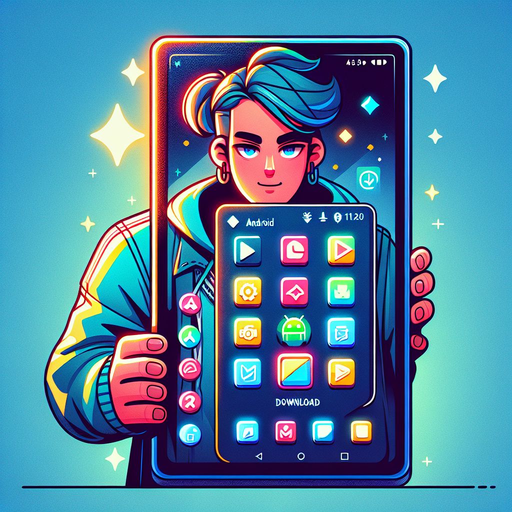 CK4444 cartoon-style mobile app character with smartphone and gaming icons