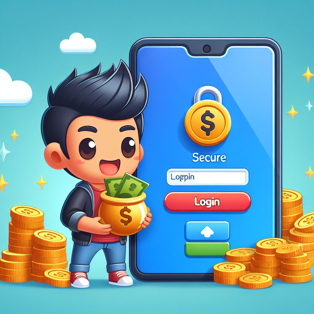 CK4444 themed cartoon character using a phone to log in with coins and app icons